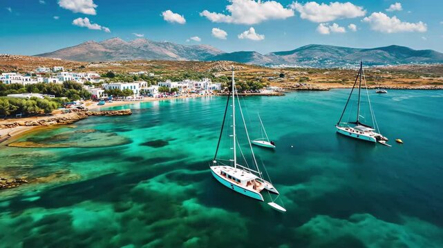 Exploring the beautiful turquoise waters and relaxing bays of Paros island during summer vacation, Summer vacation journey to greek island Paros in Greece Aerial panorama