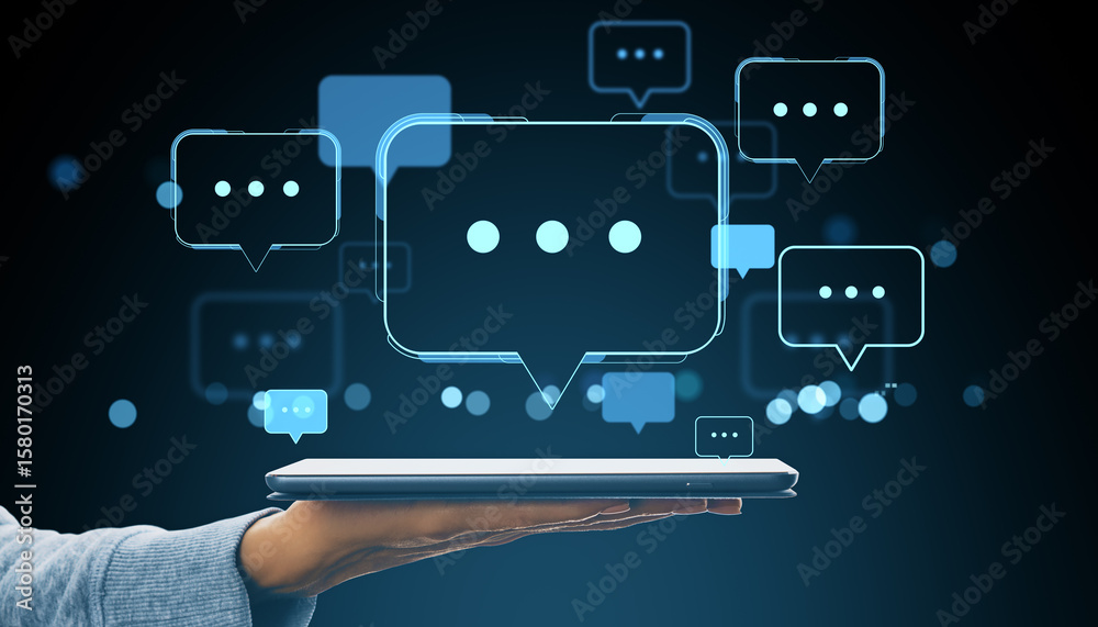 Poster digital communication interface with glowing speech bubbles emerging from a tablet held by a hand on