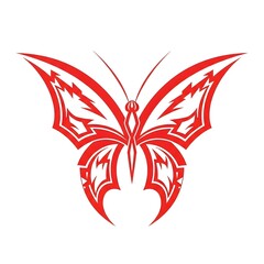 Obraz premium Bold red tribal butterfly illustration featuring symmetrical lightning-style wings, clean vector lines, and a sharp silhouette on a white background, ideal for tattoo or graphic art