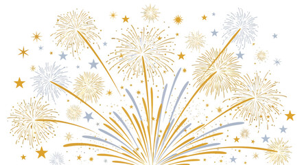 Festive Fireworks Display with Gold Silver and Starry Accents.