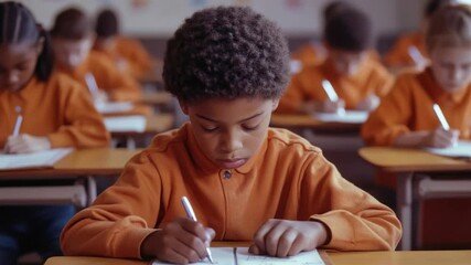 A boy sitting at a desk, writing on paper with a pen during class. The setting suggests an educational environment such as a school or tutoring session.