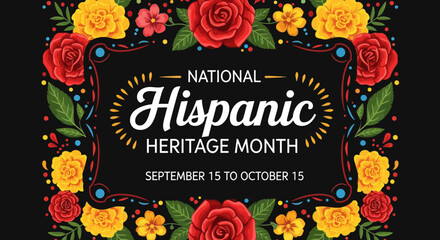 Vibrant Floral Frame Celebrating National Hispanic Heritage Month with Bold Typography.