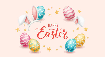Festive Easter Composition with Decorated Eggs Bunny Ears and Golden Stars.