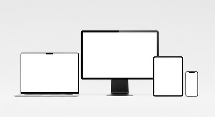Professional Tech Bundle Mockup: Laptop, Monitor, iPad & Smartphone on White.