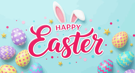 Festive Easter Composition with Colorful Eggs Bunny Ears and Stars.