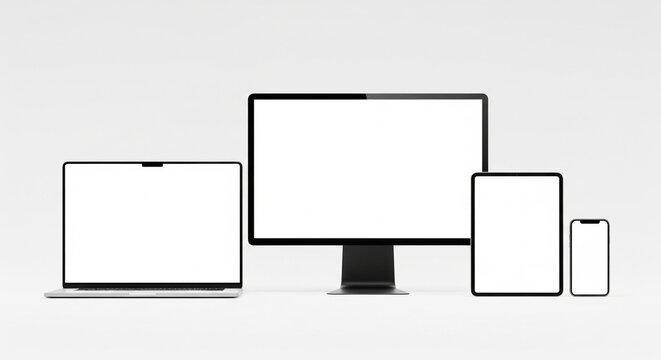 Professional Tech Bundle Mockup: Laptop, Monitor, iPad & Smartphone on White.