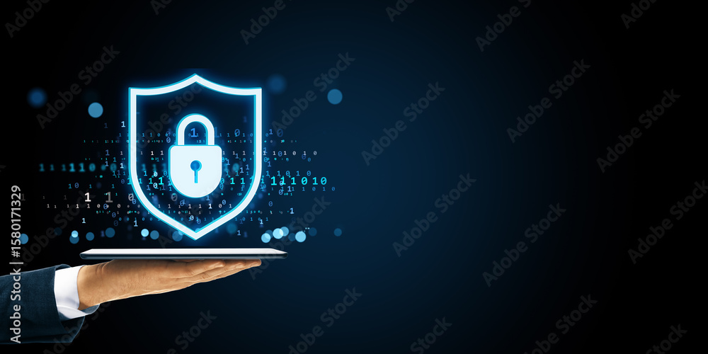 Poster digital shield with padlock icon floating over tablet in business hand on dark background symbolizin