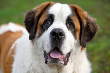 St. Bernard Portrait - Majestic Saint Bernard Dog on Grass in White and Brown Fur