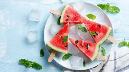 Watermelon slices on popsicle sticks, artfully arranged in ice cubes, placed on a white plate atop a light wooden table