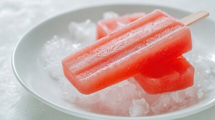 Watermelon slices on popsicle sticks, artfully arranged in ice cubes, placed on a white plate atop a light wooden table