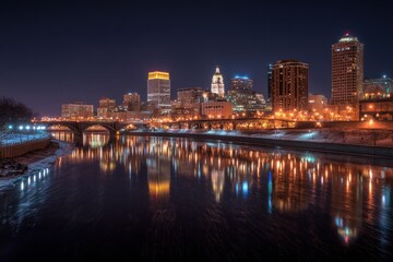 Fototapeta premium St. Paul Skyline. Minnesota at Night in Urban City Landscape with River View