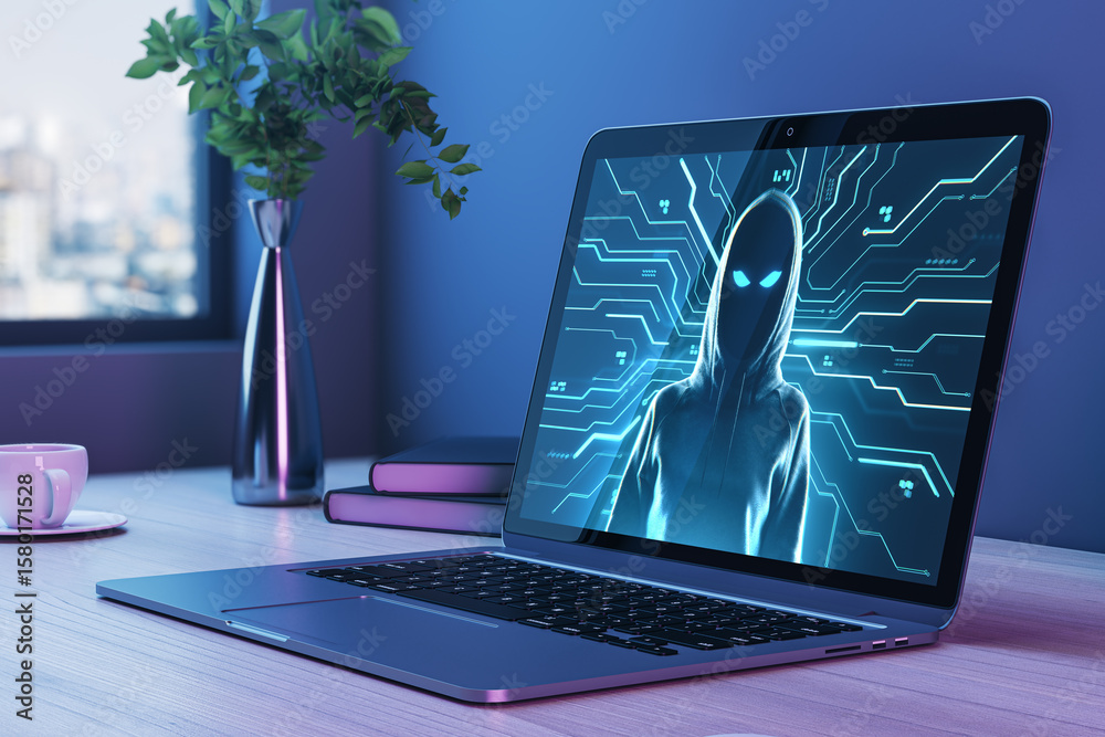 Fototapete Hacker in hoodie on laptop screen displaying digital network graphics in modern office environment with books and cup on wooden table. 3D Rendering