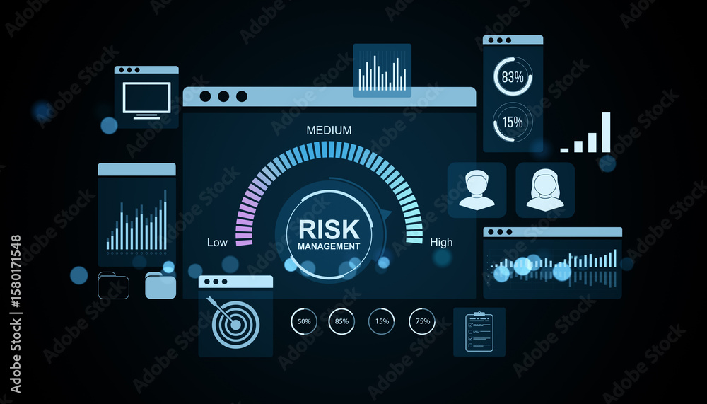 Poster Digital risk management interface with data analytics and user metrics on virtual screens in neon blue abstract fintech background design template. 3D Rendering