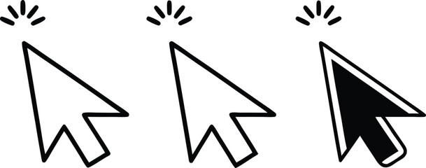 Three computer cursor icons with click animation mouse cursor