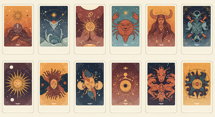 Whimsical Zodiac Sign Tarot Card Collection Mystical Celestial Artistry and Astrological Symbolism for Divination and Cosmic Inspiration