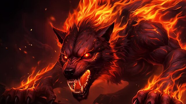 Fierce Pixelated Wolf Enveloped in Flames Digital Animation with Glowing Red Eyes and Menacing Snarl in Dark Background