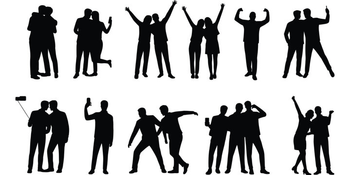 
Excited People silhouettes set isolated flat vector illustration on white background.Vector art of silhouettes of people in various poses, isolated on white background
