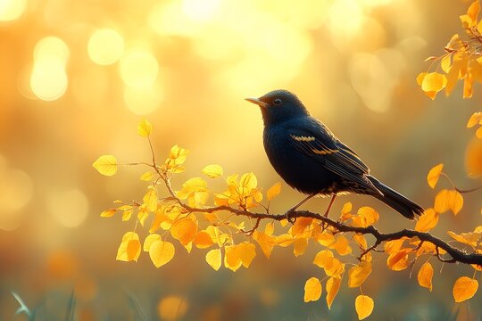 Autumn Tranquility: Bluebird Perched Amidst Golden Foliage - Nature's Golden Hour Charm