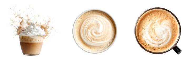 Coffee Art Collection: Latte Art and Coffee Drinks on White Background