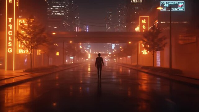 Figure on Reflective City Street at Night Illuminated by Orange Neon