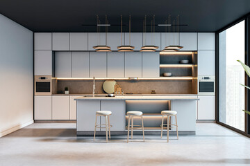 Modern stylish kitchen interior with island, stools, and cabinets in a bright room with large window and city view in clean aesthetic design. 3D Rendering