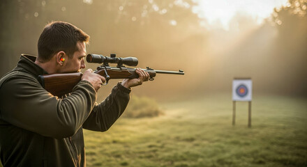 Man aims scoped rifle at target in misty outdoor range. Hunter practices shooting precision with firearm. Weapon for sport and hunting concept.