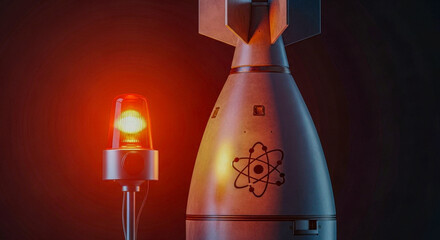 A nuclear bomb with an atom symbol next to a red warning light. Concept of global danger, war, and nuclear threat.
