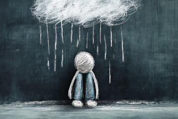 Illustration of a sad character sitting on the ground under a rain cloud, expressing feelings of loneliness and despair in a minimalistic style