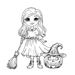 A young witch with a broom in her hands, next to a pumpkin in a hat with a carved face, a black and white sketch. Vector illustration. A mystical Halloween entourage, isolated on a white background. 