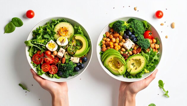 Hands Holding Two Plates of Balanced Meal – Top View of Healthy Food with Vegetables, Protein, and Carbs