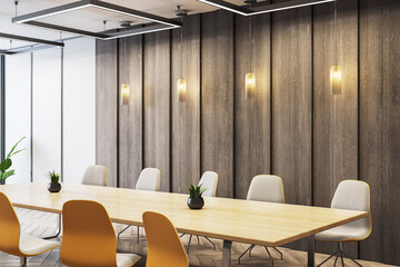 Modern spacious boardroom interior with wooden walls, stylish lighting, and minimalist design featuring a long desk and contemporary chairs. 3D Rendering