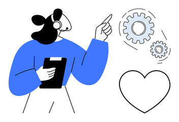 Customer support agent holding clipboard, wearing headset, pointing at cogwheels and heart. Ideal for service quality, innovation, teamwork, technical support, care communication operations. A