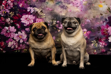 Two Happy Pugs Posing in Floral Studio Portrait