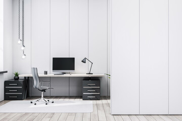 Modern executive office interior with minimalist furniture, desk, computer setup, and ample light in luxury white and gray workspace. 3D Rendering