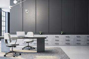 Modern executive office interior with luxury furniture, clean workspace, and elegant design in a...
