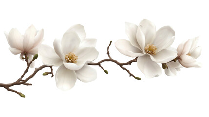Obraz premium White magnolia flowers in full bloom with soft petals on white background 