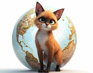 Cartoon illustration of a small brown cat with a globe isolated on a white background. International cat day concept. Generate AI