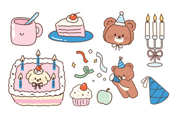 Cute Birthday Party Elements Set with Bear and Puppy. Sweet Hand-Drawn Party Collection.