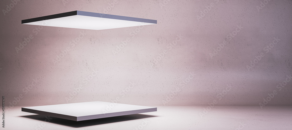 Poster minimal floating platform display in modern gallery-style room with soft lighting and concrete wall 