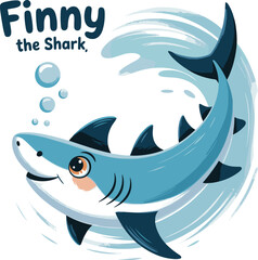PrintFinny the shark cartoon illustration, happy ocean character, cute blue fish, underwater swirl art, funny marine animal vector drawing