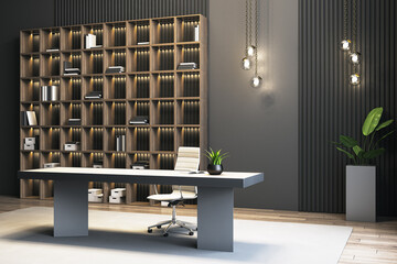 Modern luxury executive office interior with stylish furniture, dark walls, and illuminated bookshelf design in a clean workspace setting. 3D Rendering © Who is Danny
