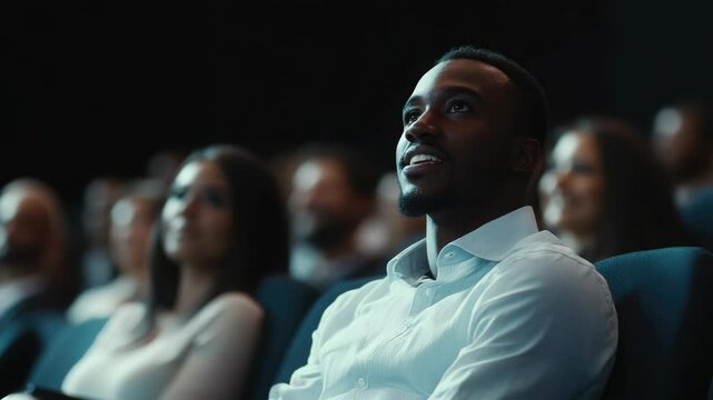 A man is smiling in a movie theater. There are many people in the theater, including a woman sitting next to him