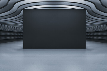 Futuristic dark showroom interior with blank black wall for mockup or presentation in modern wave ceiling architecture design space. 3D Rendering