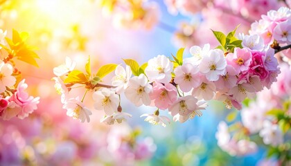 Obraz premium Beautiful cherry blossom tree branch with pink and white flowers bloom