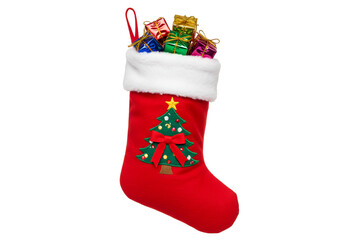Illustration of a Christmas Stocking with Gifts and Christmas Tree