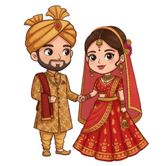 Cartoon Indian Wedding Couple Illustration Traditional Dress Transparent
