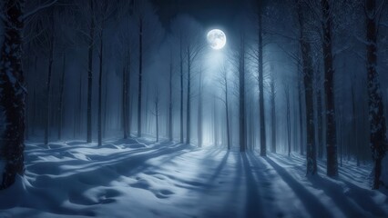Dark snowy forest at night, illuminated by a bright full moon casting long shadows through the trees. Concept of a mystical winter night.