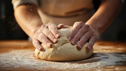 Close-up of hands kneading dough on a floured wooden surface, conveying the warmth of homemade baking and holiday food preparation. Concept of homemade baking and food preparation.
