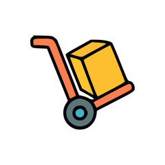 Clean vector illustration of a hand dolly transporting a golden parcel, perfect for simple logistics