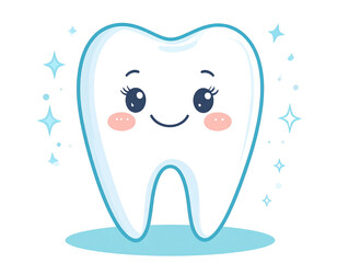 Cute Cartoon Tooth Character Smiling Cheerfully with Sparkles, Flat Vector PNG on White Background